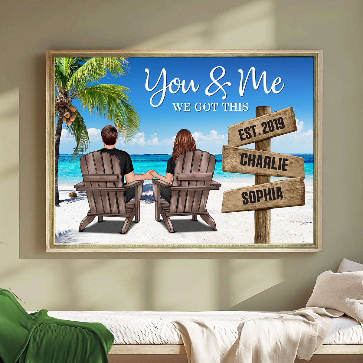 Ocean Breeze Couple Sitting Direction Sign Personalized Poster, Anniversary Gift for Him for Her