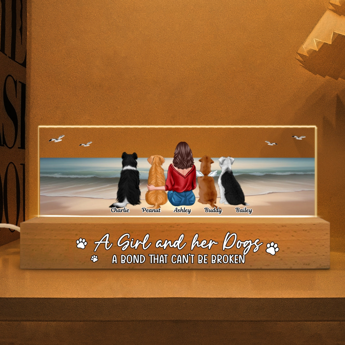 Realistic Beach Landscape A Girl And Her Dog Bond Can't Be Broken Personalized Acrylic Block LED Night Light