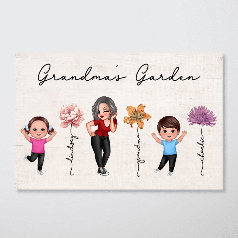 Happy Grandkids Sassy Grandma Garden Vintage Birth Month Flowers Mother‘s Day Gift Personalized Horizontal Poster