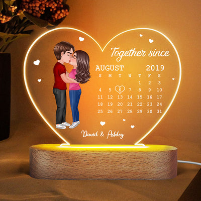 Doll Couple Kissing Together Since Anniversary Date Calendar Personalized Acrylic Heart Plaque With LED Night Light