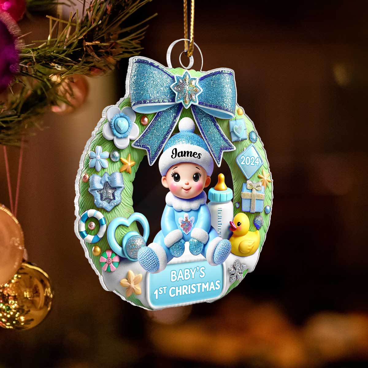Personalized Wreath Baby's First Christmas Personalized 3D Effect Acrylic Ornament, Christmas Keepsake for Baby