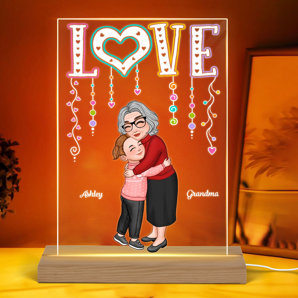 LOVE Grandma Hugging Kid Gift For Granddaughter Grandson Personalized Acrylic Plaque LED Night Light