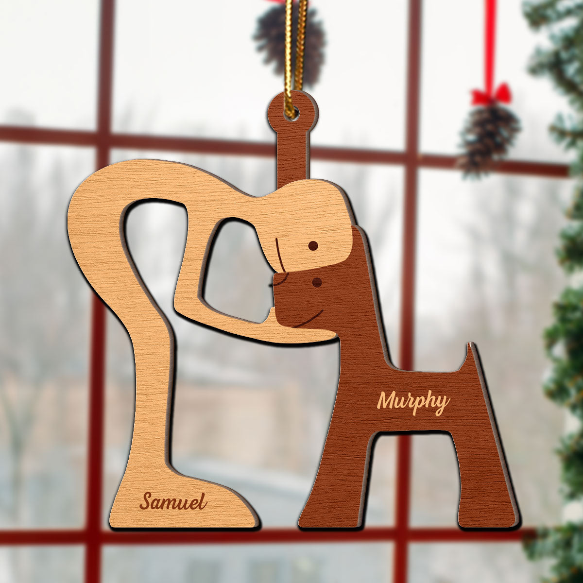 Man Woman And Dog Cat Illustration Personalized 2-Layer Wooden Ornament, Christmas Gift For Dog Lovers, Cat Lovers