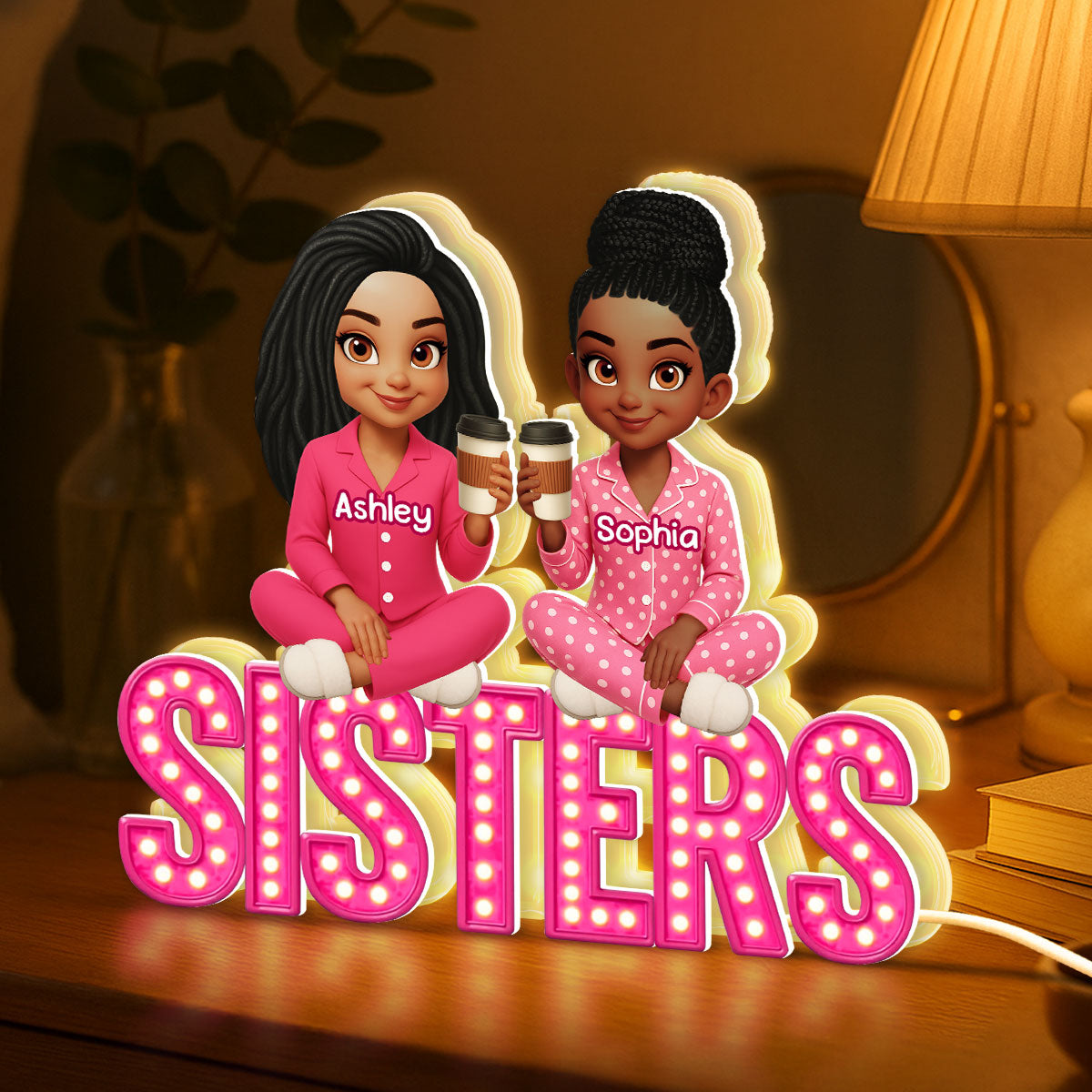 Pink Marquee Besties Sisters Sitting On Text Personalized Light Box