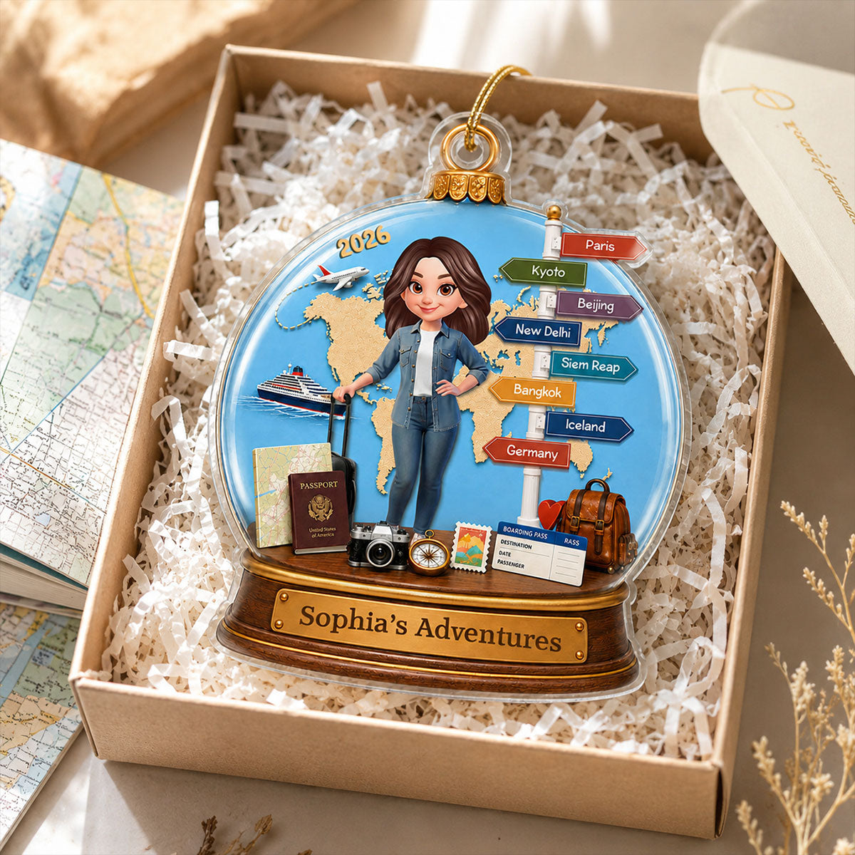 Traveling Destination Travel Adventure 2D Flat - Personalized Acrylic Ornament - Christmas Keepsake