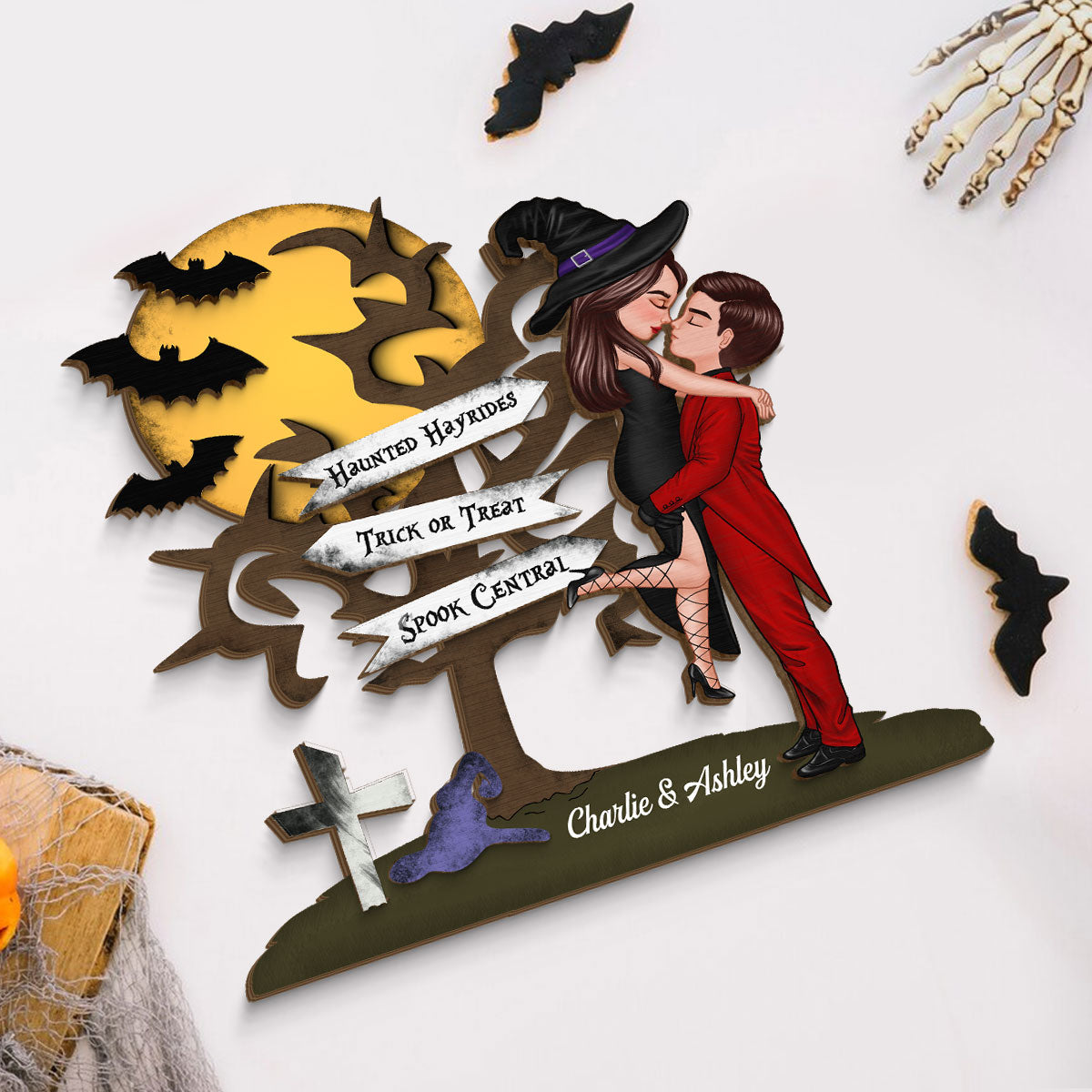 Halloween Couple Kissing Sign Personalized 2-Layer Standing Wooden Plaque