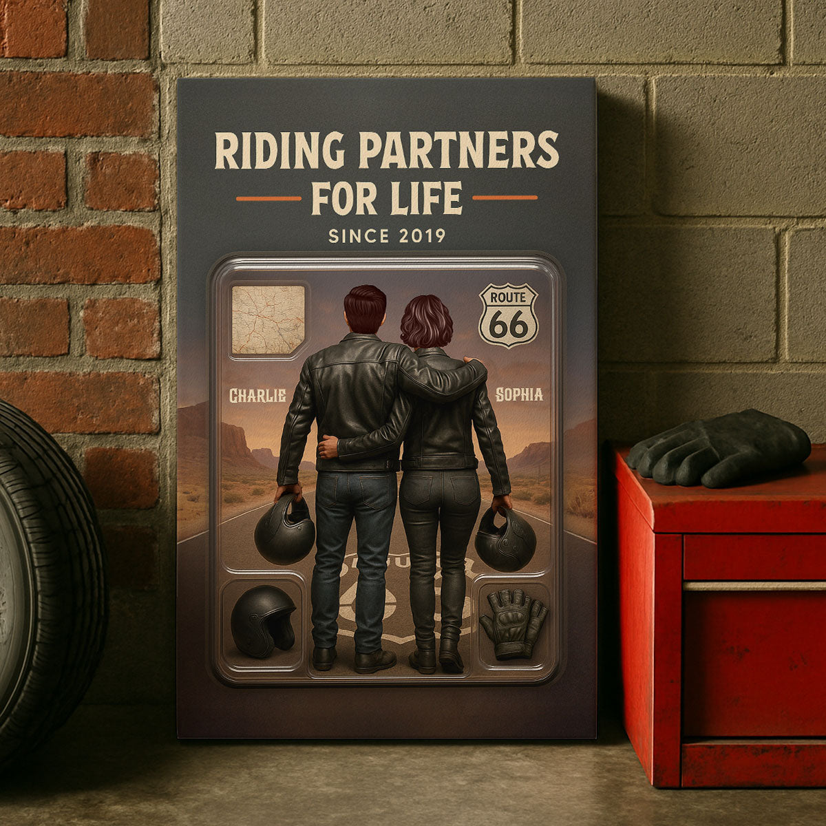 3D Effect Custom Figure Couple Bikers Riding Partners For Life Personalized Wrapped Canvas