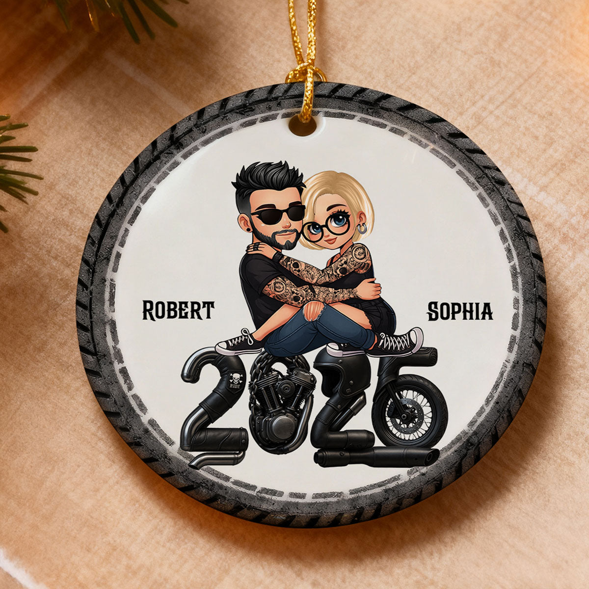 3D Effect Biker Couple Christmas - Personalized Ceramic Ornament - Gift For Bikers, Gift For Him, For Her