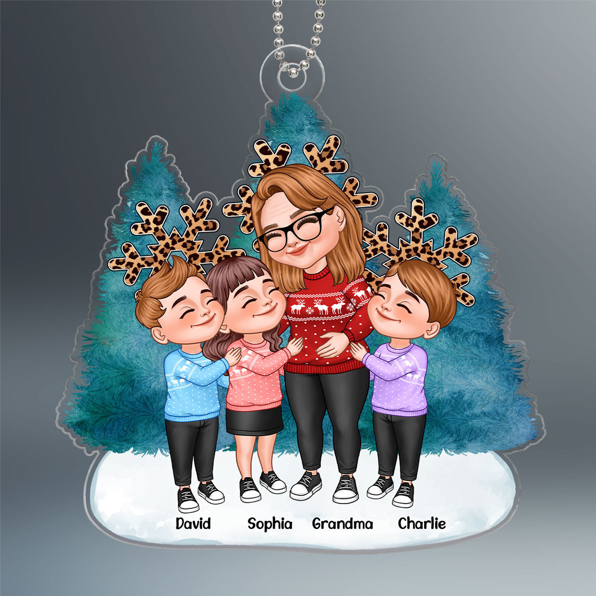 Cartoon Grandma & Grandkids Hugging Blue Christmas Tree Leopard Snowflakes Personalized Acrylic Ornament