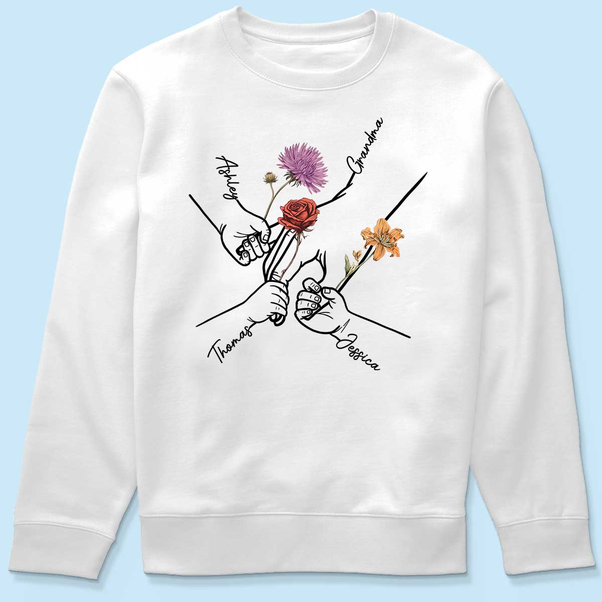 Kids Holding Grandma Mom Hand Birth Month Flowers Personalized Shirt