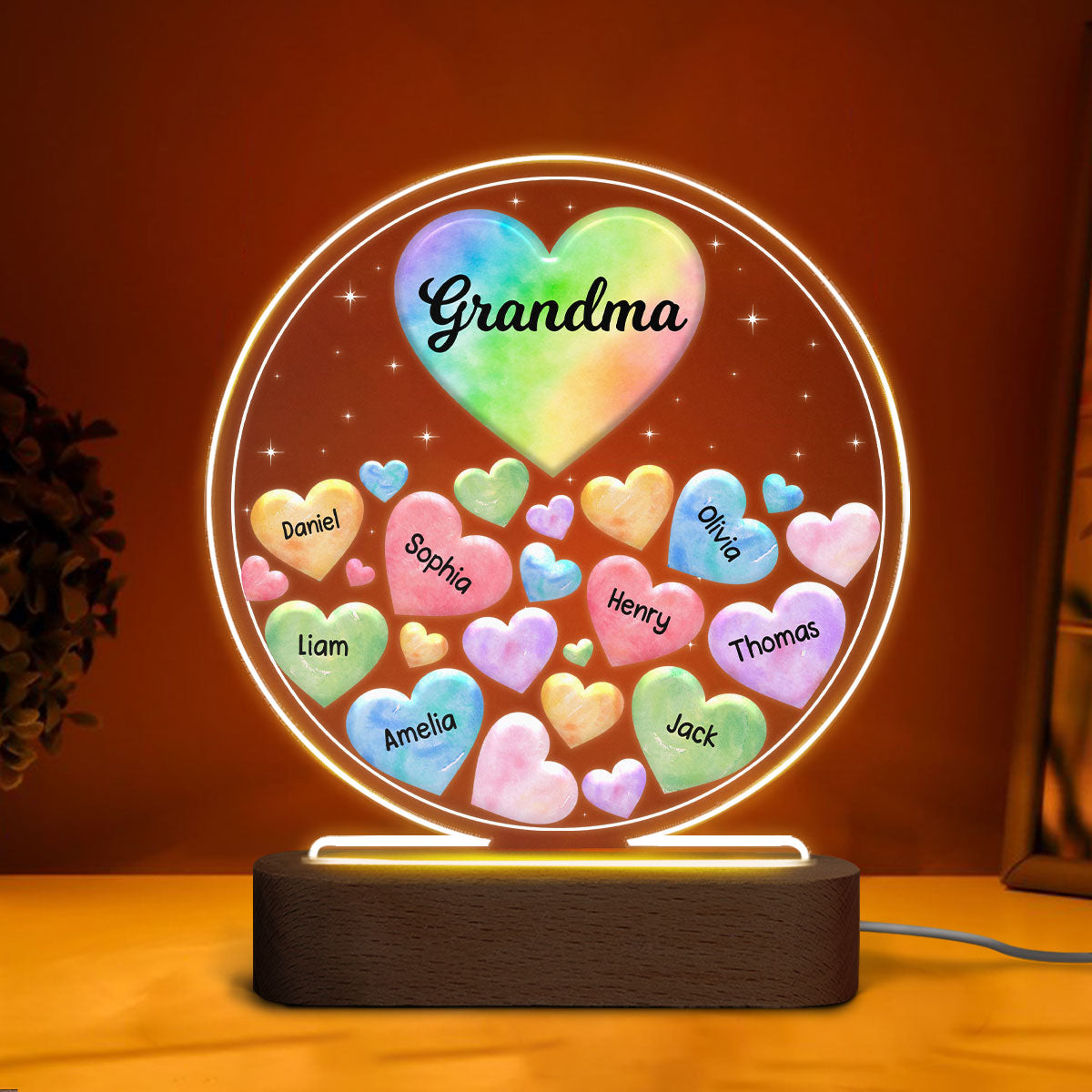 Grandma Mom Hearts Colorful Watercolor Personalized Circle Acrylic LED Night Light