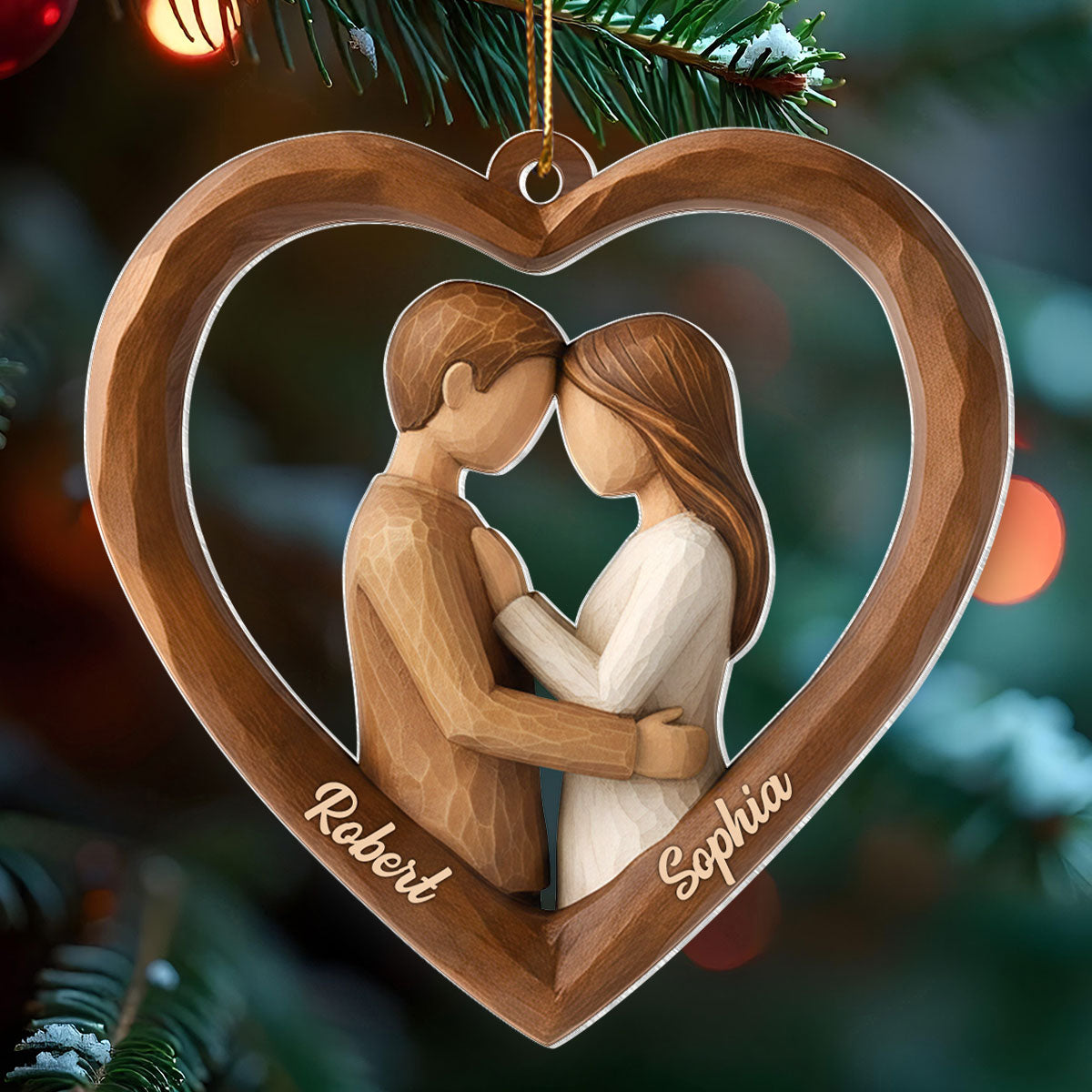 Couple Heart Love 3D Wooden Effect - Personalized Acrylic Ornament - Christmas Gift for Couples