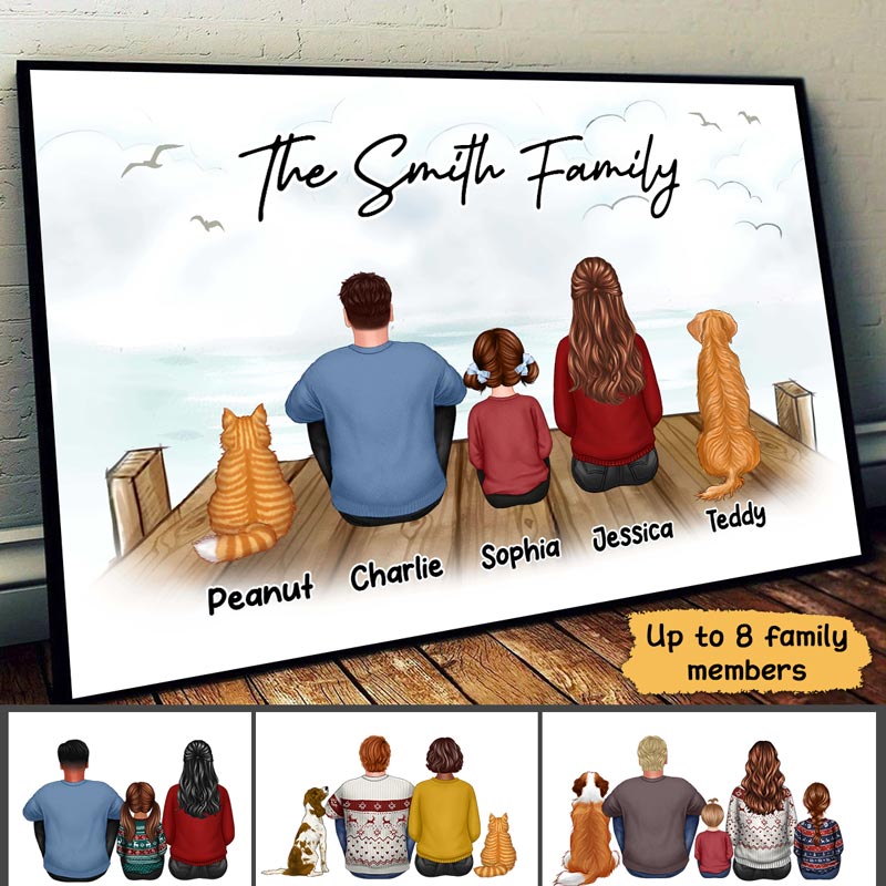 Family Dad Mom Kids Dogs Cats Sitting On The Bridge - Personalized Poster - Gift For Dad, Gift For Husband, Gift For Grandpa