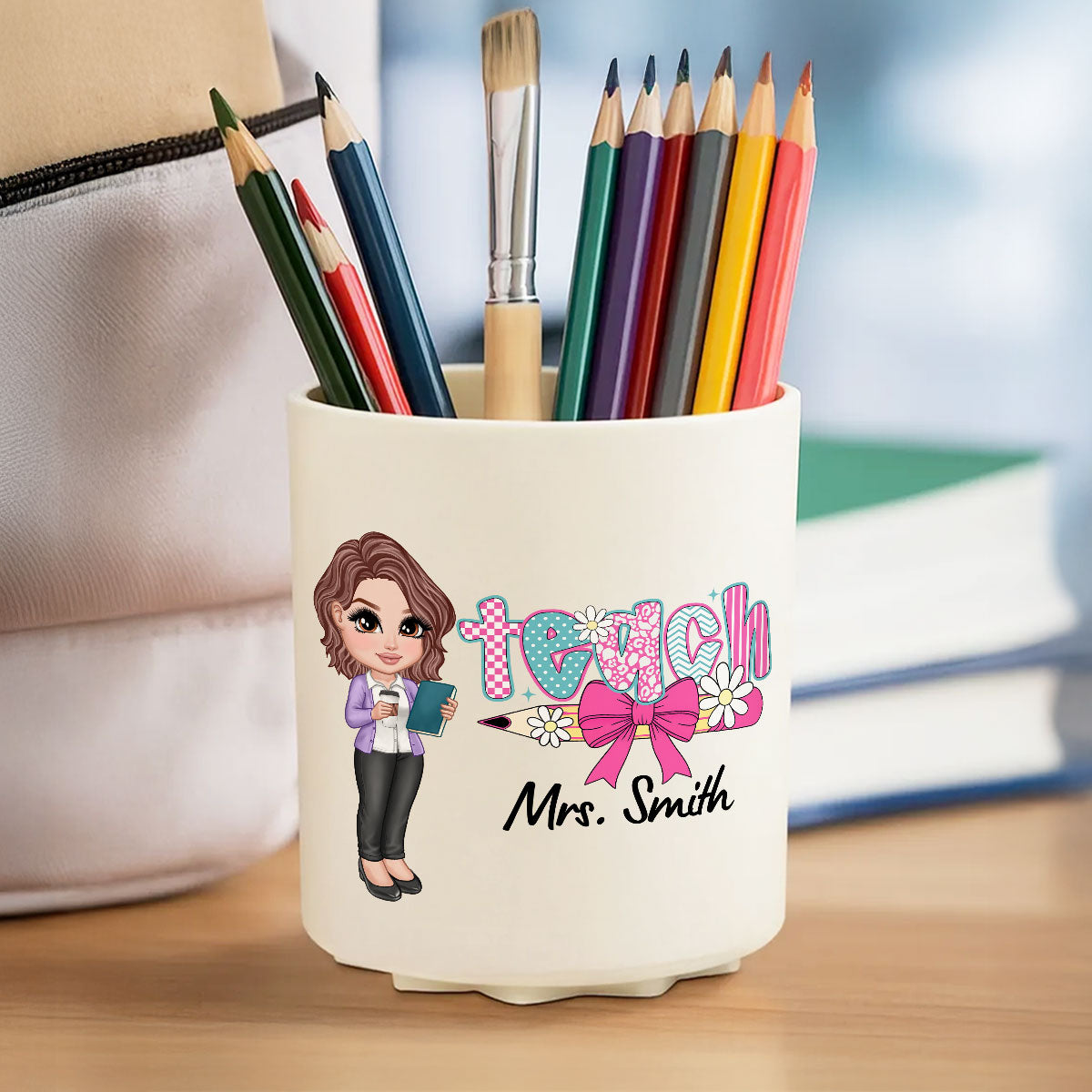 Teacher Coquette Style Personalized Rotating Pen Holder, Back To School Gift