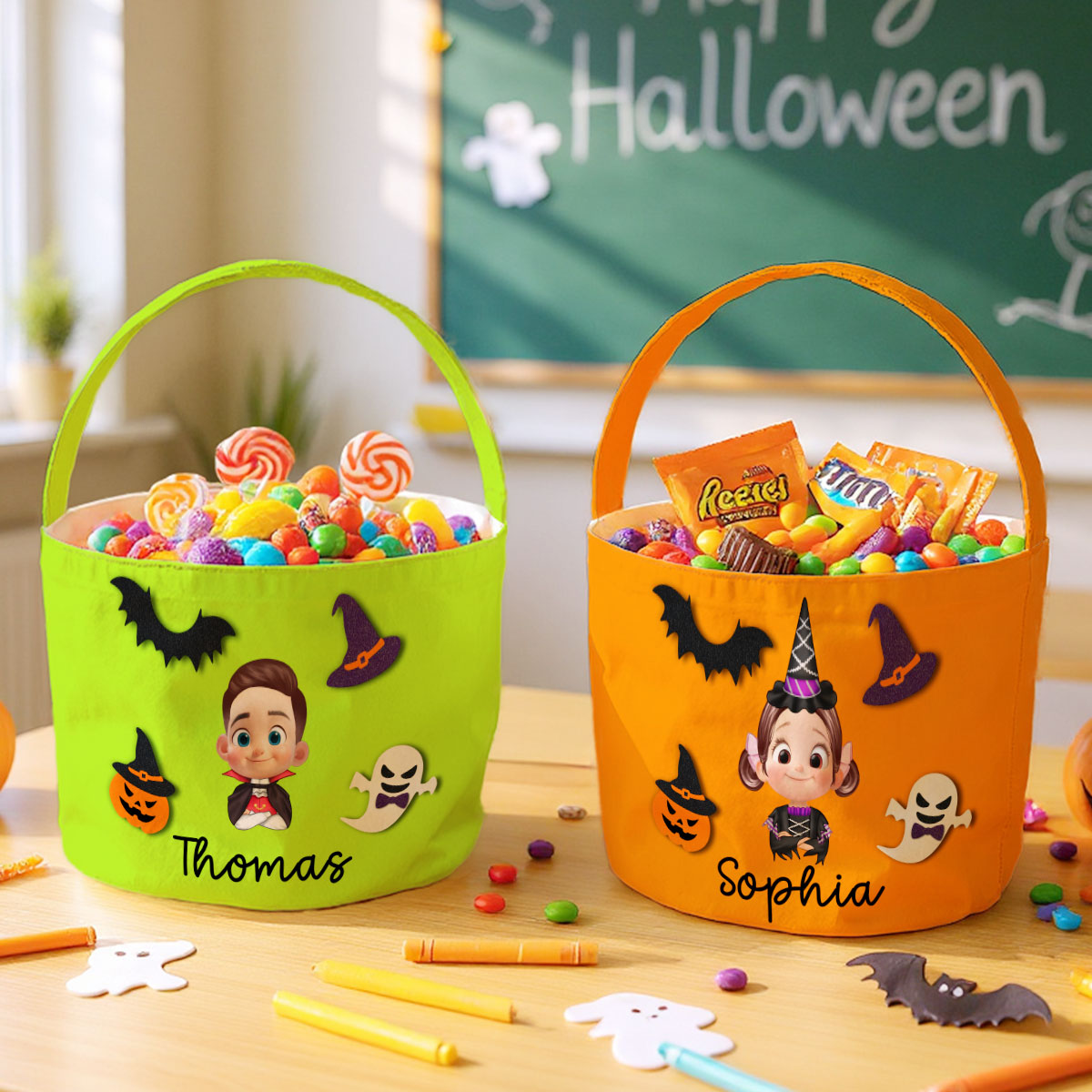 Halloween Theme Cute Cartoon Kid Personalized Trick Or Treat Basket, Gift Bag, Treat Bag For Kids