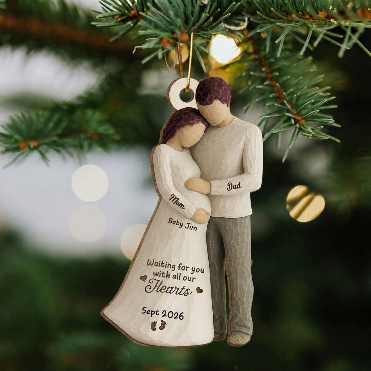 2D Flat Waiting For You With All Our Hearts Couple Expecting Baby - Personalized Wooden Ornament, Baby Shower Gift For Parents-to-be