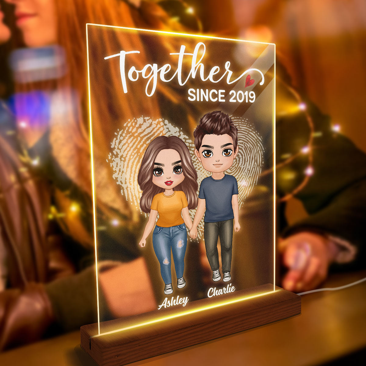 Doll Couple Standing Finger Prints Heart Personalized Rectangle Acrylic Plaque LED Lamp Night Light
