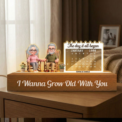 Old Couple Sitting On Rocking Chair Anniversary Date Calendar - Personalized Acrylic Block LED Night Light