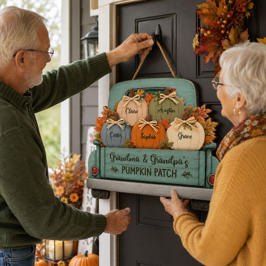 Grandma Grandpa's Pumpkin Patch Truck 2D Flat Printed - Personalized Door Hanger - Fall Season Decor For Grandparents