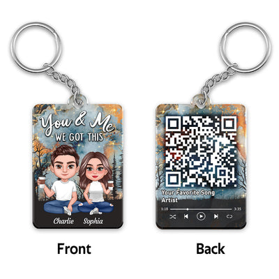 Doll Couple Sitting Earth Pattern Favorite Song QR Code Personalized Acrylic Keychain
