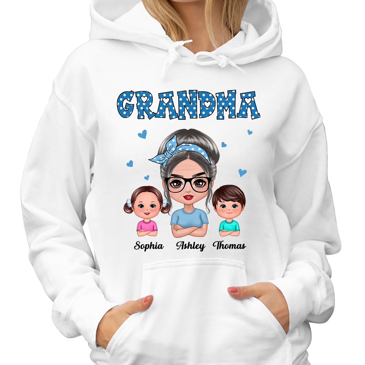 Blue Polka Dot Grandma With Grandkids Pattern Personalized Shirt