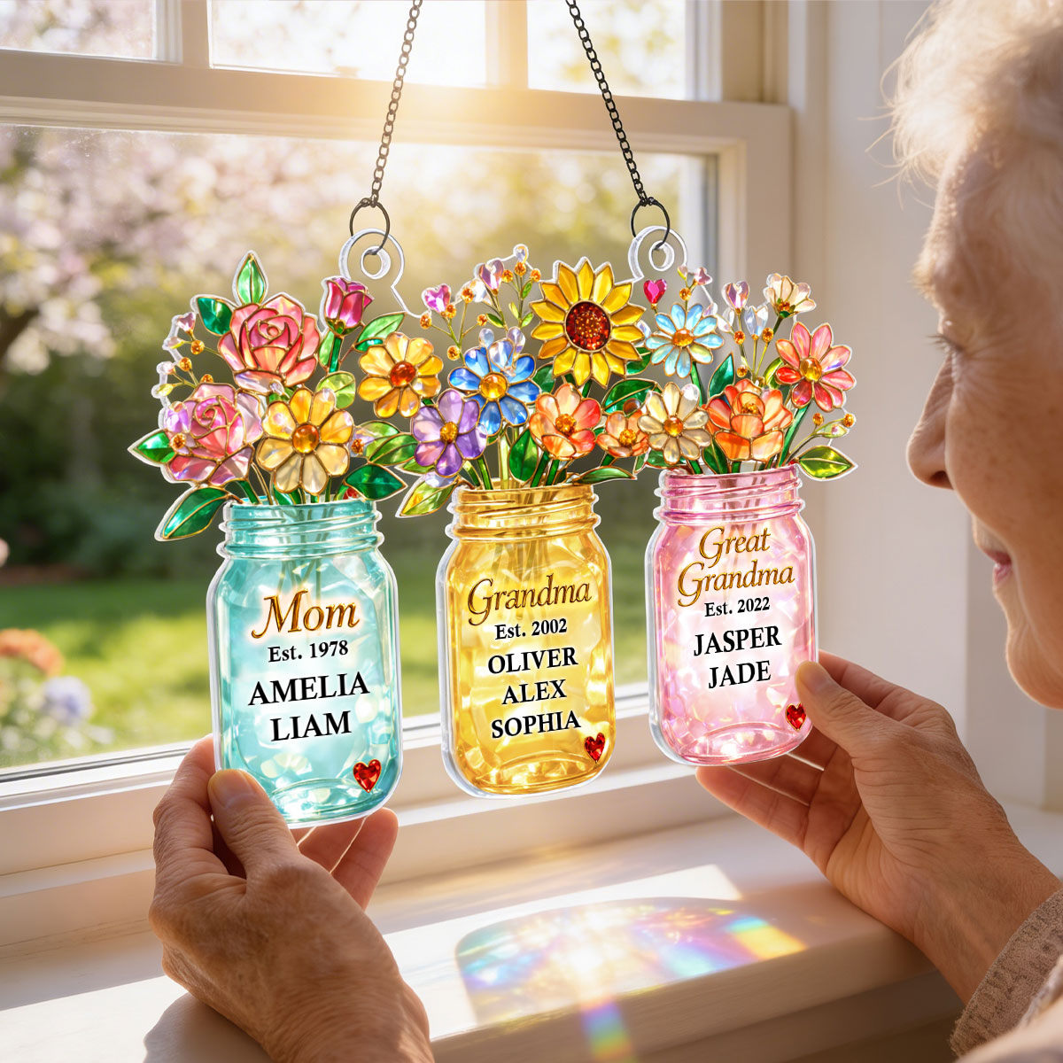 Mom Grandma Greatgrandma Flower - Personalized Acrylic Window Hanging - Heartfelt Gift for Mom, Grandma