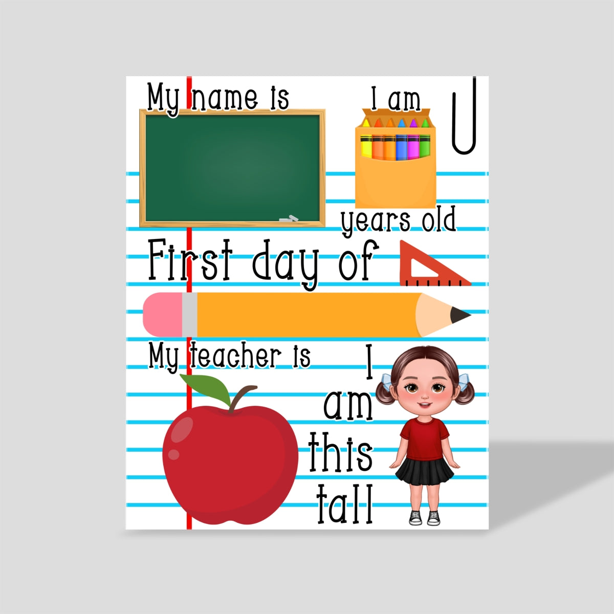 Doll Kid Standing Personalized Reusable First Day of School Sign