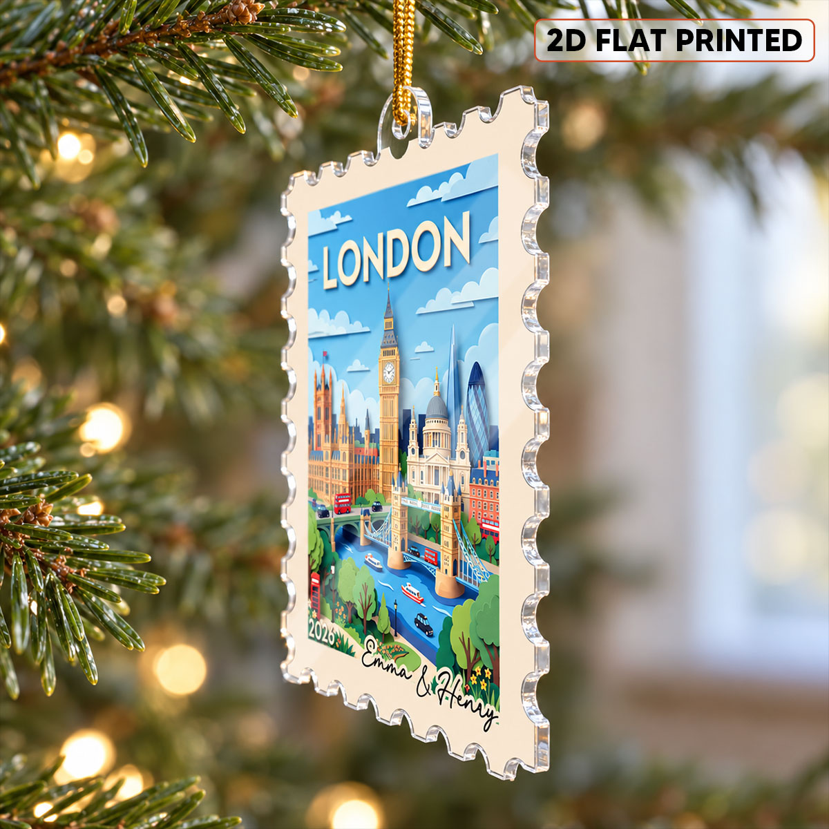 Any City Landscape Stamp - Personalized Acrylic Ornament - Travel Keepsake For Travel Lover