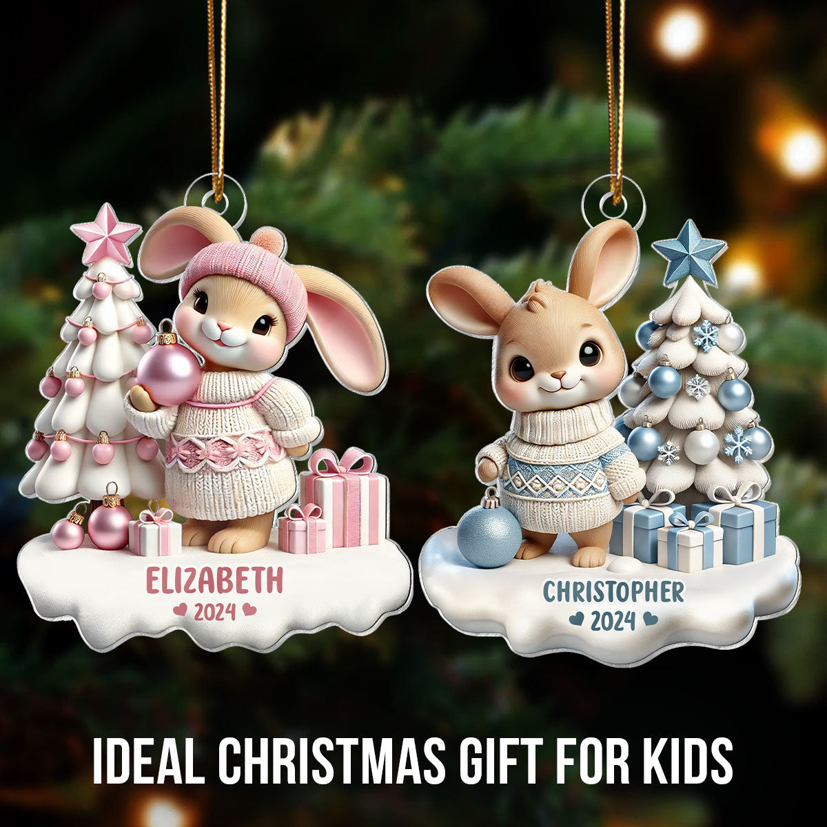 3D Effect Bunny Kid Girl Boy Christmas Personalized Acrylic Ornament, Christmas Gift For Son, Daughter, Grandson, Granddaughter, Children