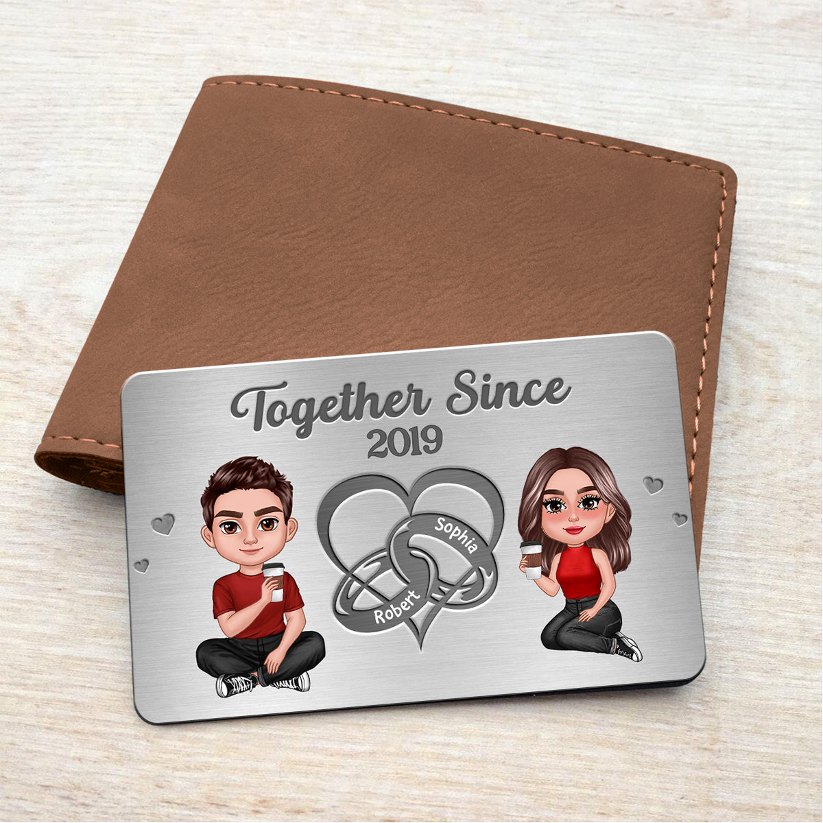Doll Couple Heart Rings Gift For Him Personalized Metal Wallet Card