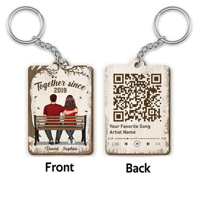 Couple Sitting On Bench Under Tree Favorite Song QR Code Personalized Wooden Keychain