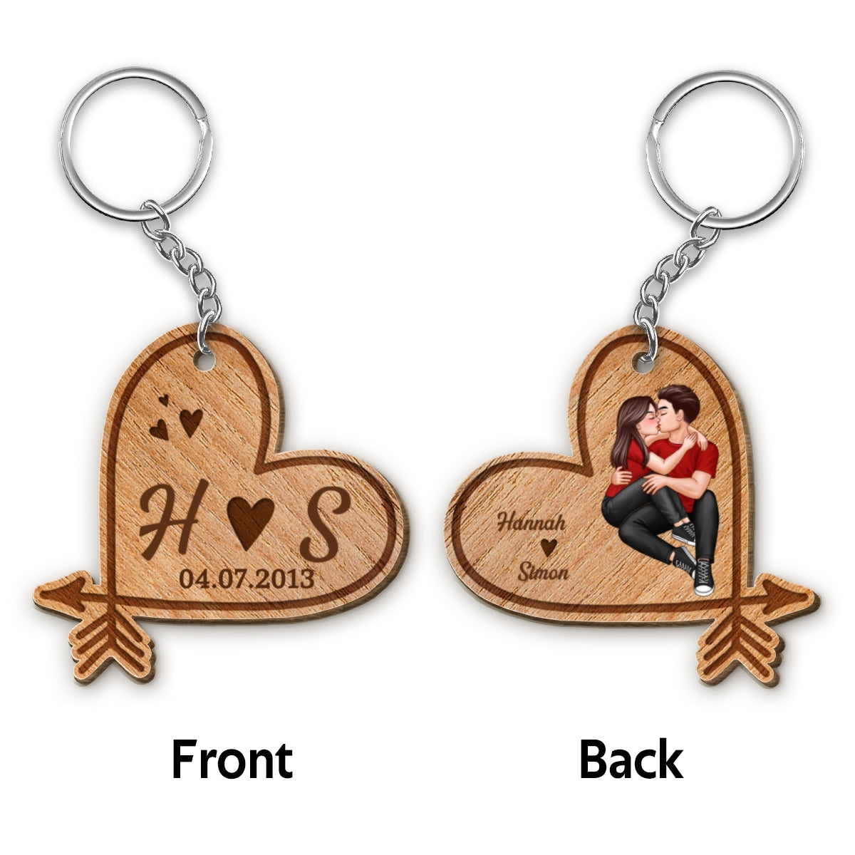 Doll Couple Sitting Kissing Heart Arrow Personalized Wooden Keychain