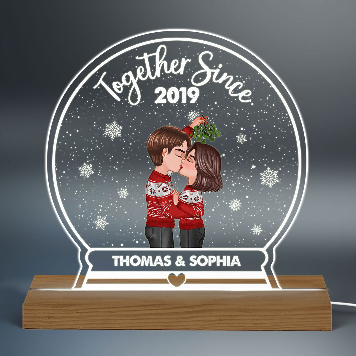 Couple Kissing Under Mistletoe Together Since Personalized Snow Globe Shaped Acrylic Plaque With LED Night Light