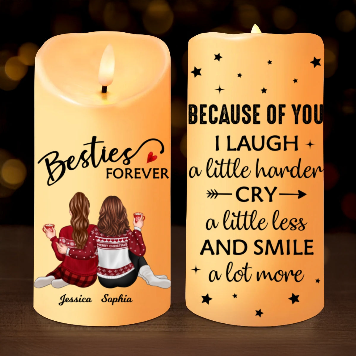Besties Forever Message Christmas Besties Back View Personalized LED Candle