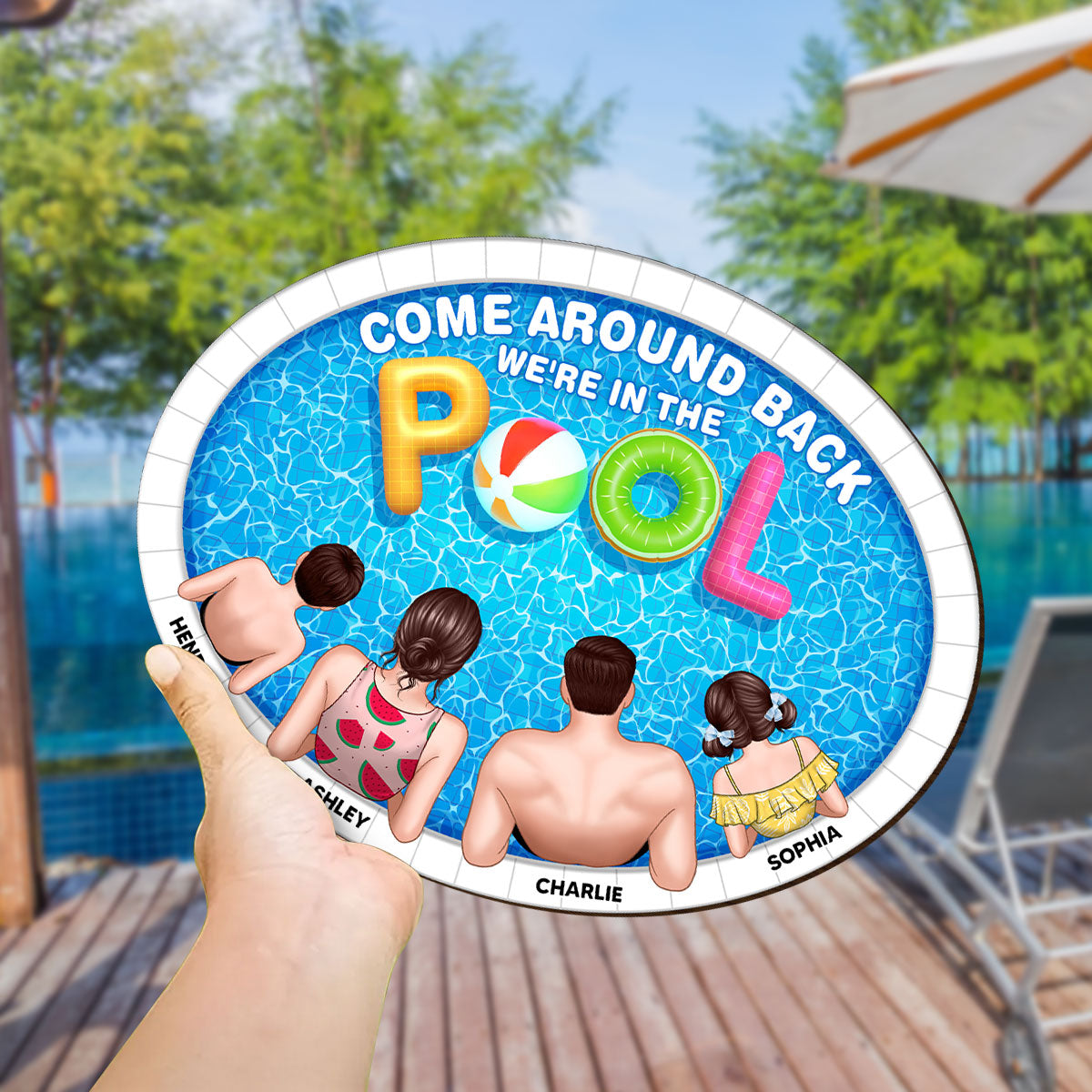 Summer Family In The Pool Personalized Wood Sign