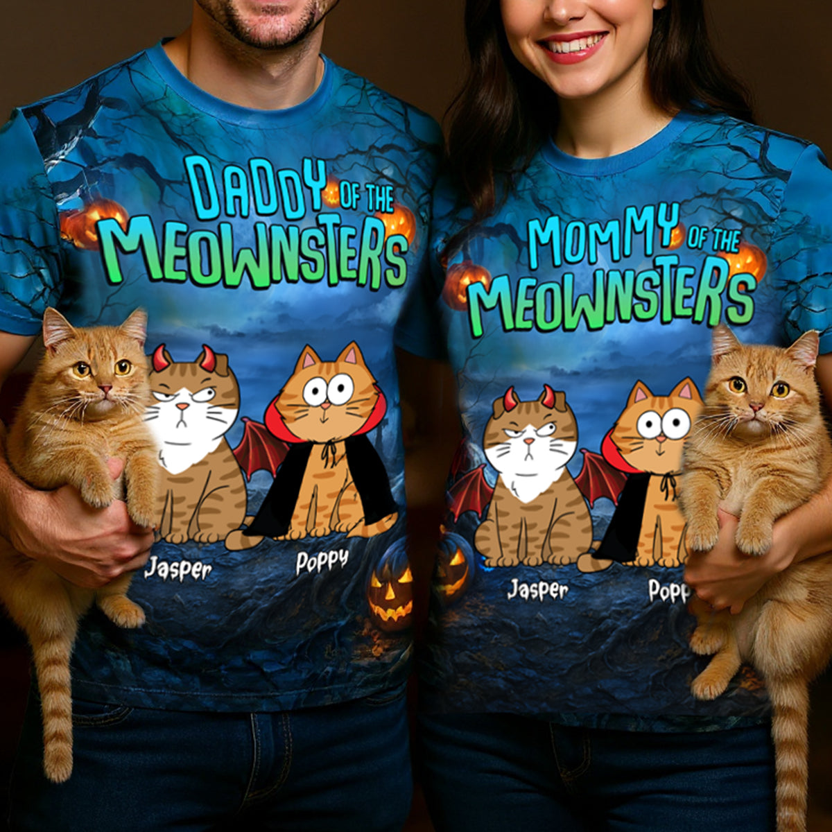 Halloween Night Mommy Daddy Of The Monsters Cats Personalized Shirt, Spooky Halloween Costume For Cat Lovers