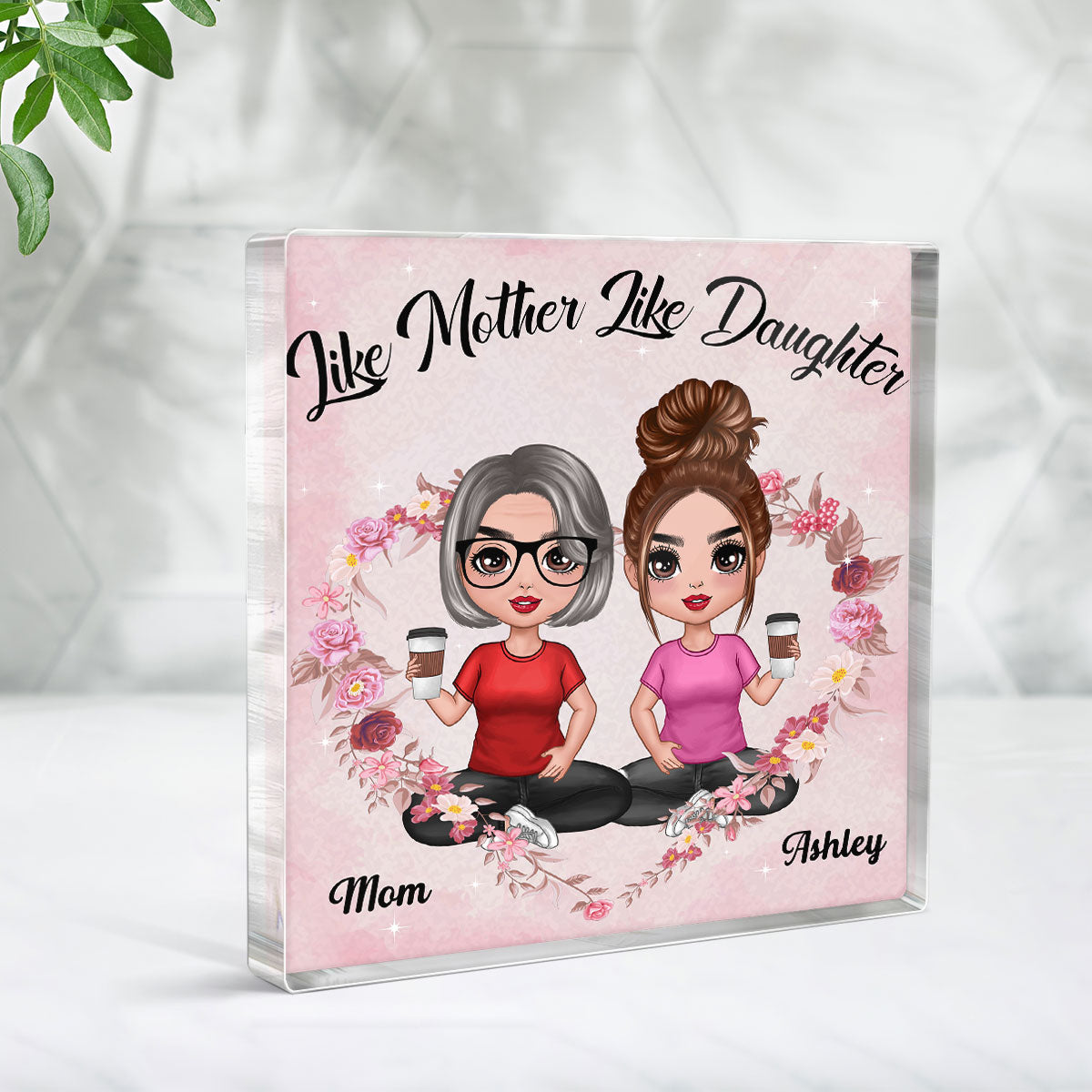 Flower Heart Doll Mother And Daughter Sitting Like Daughter Personalized Acrylic Block Plaque