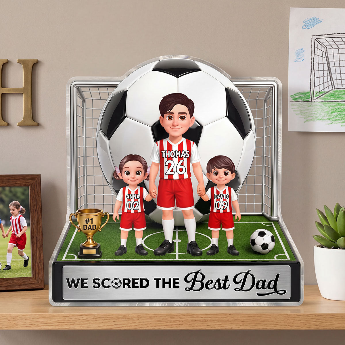 No 1 Soccer Dad And Kids We Scored The Best Dad 2D Flat Printed - Personalized Acrylic Block Plaque - Father's Day Gift For Dad, Husband, Soccer Football Fans