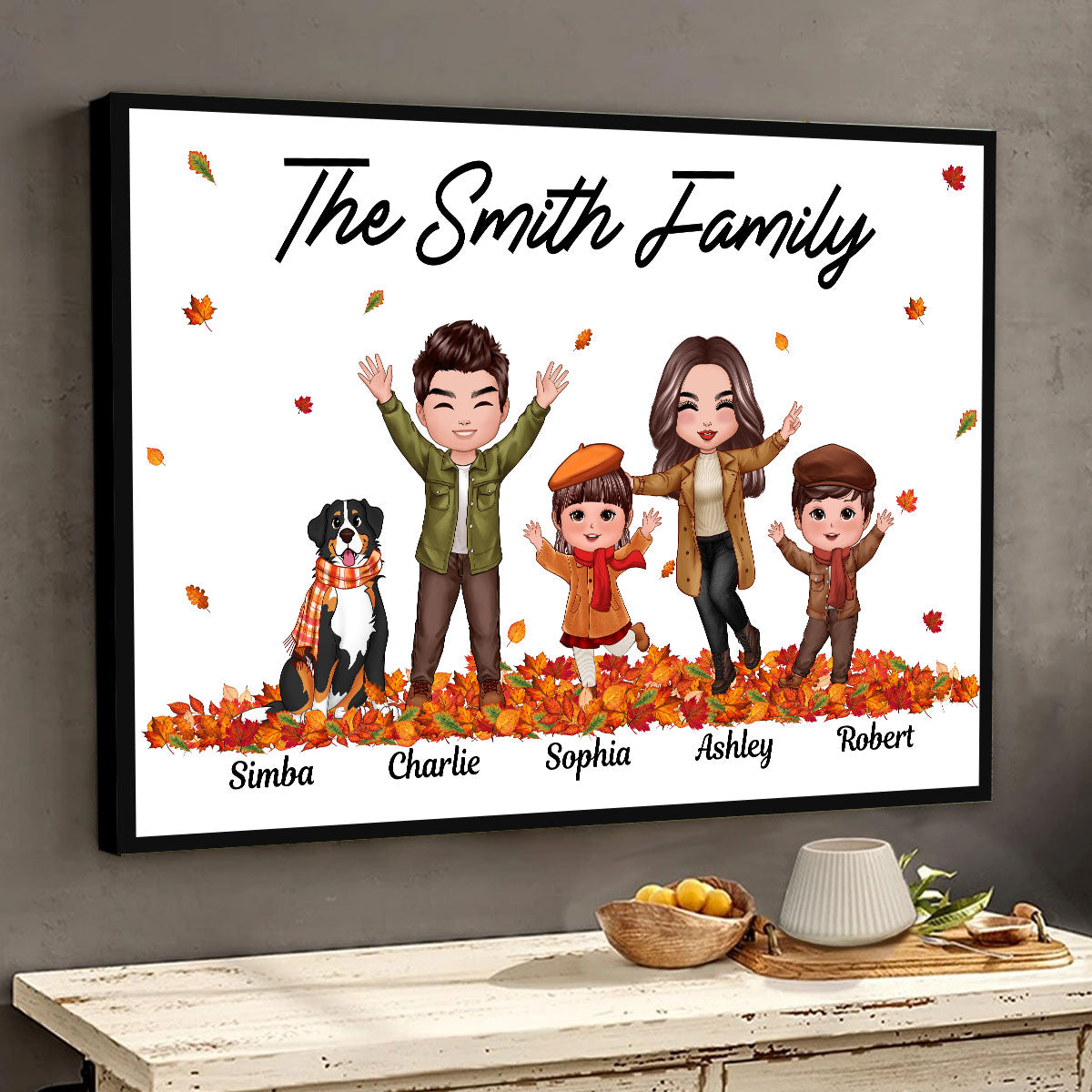 Fall Season Happy Whole Doll Family Dad Mom Kids Dogs Cats Playing With Autumn Leaves Pile Personalized Horizontal Poster