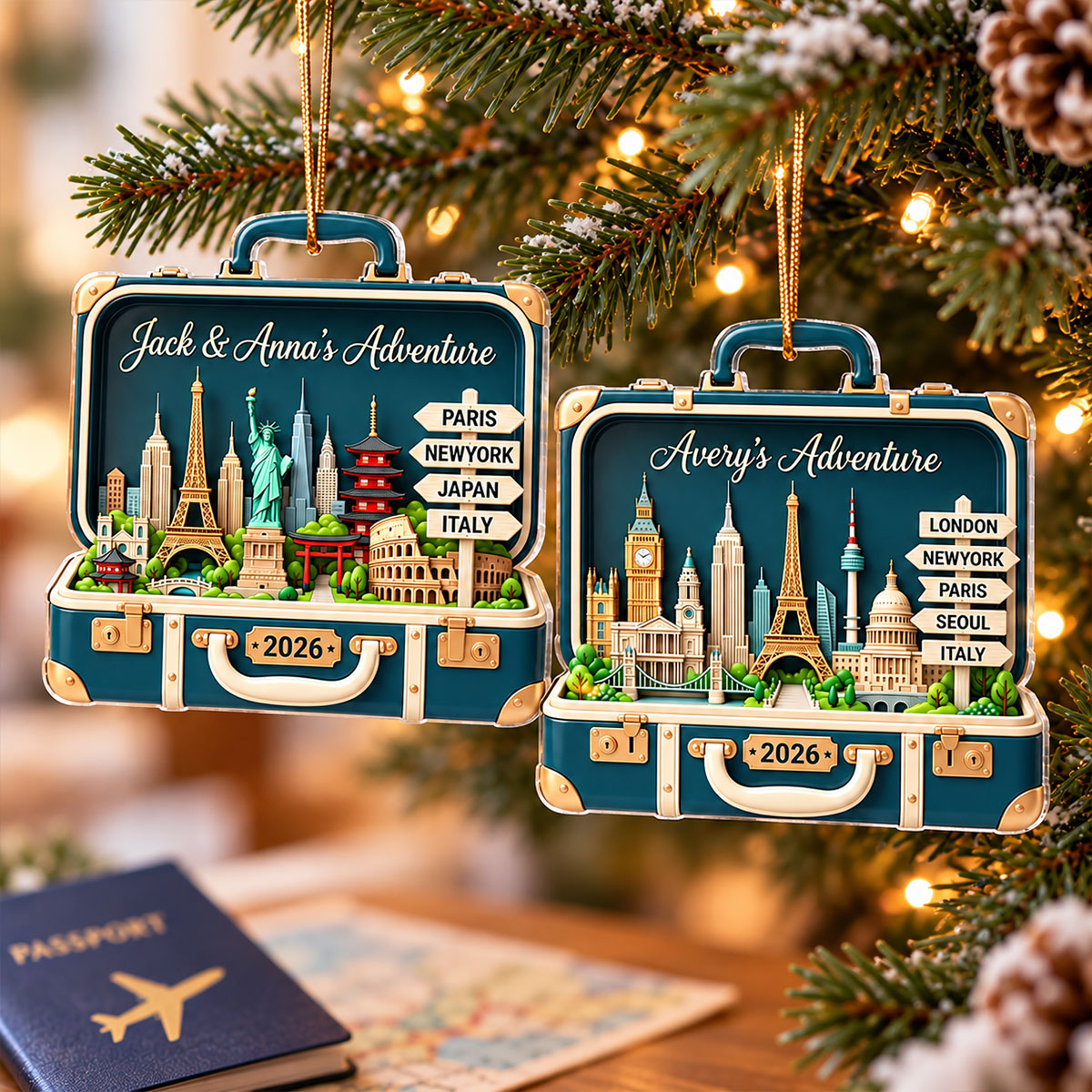 Custom Travel Adventure Suitcase 2D Flat Printed - Personalized Acrylic Ornament - Traveling Destination Keepsake, Christmas Gift For Traveling Lovers