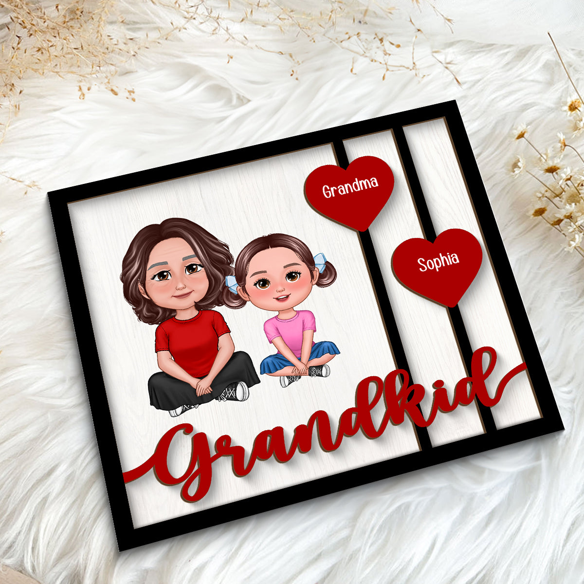 Grandma Grandkids Crossed Legs Red Hearts Personalized 2-layer Wooden Plaque