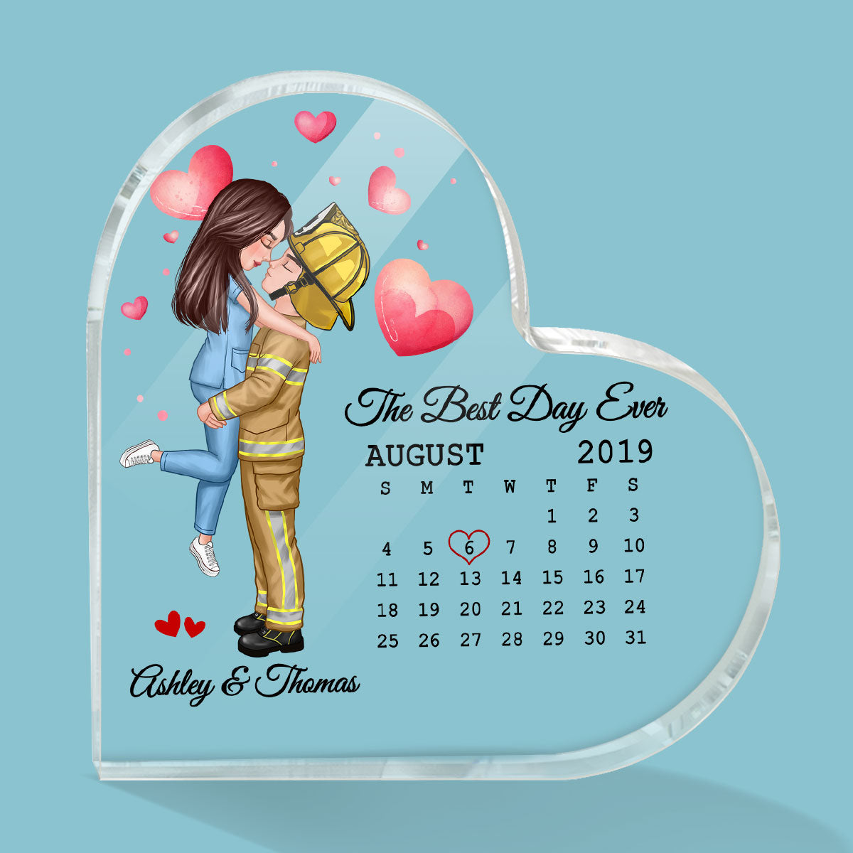 Couple Kissing Hugging Calendar Date Anniversary Valentine‘s Day Gifts by Occupation Gift For Her Gift For Him Firefighter, Nurse, Police Officer Personalized Acrylic Heart Plaque
