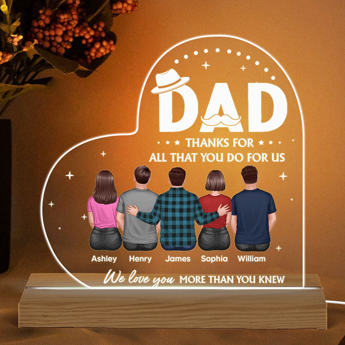 To Dad Back View Dad And Daughters Sons Personalized Custom Shape Acrylic Plaque Warm LED Night Light