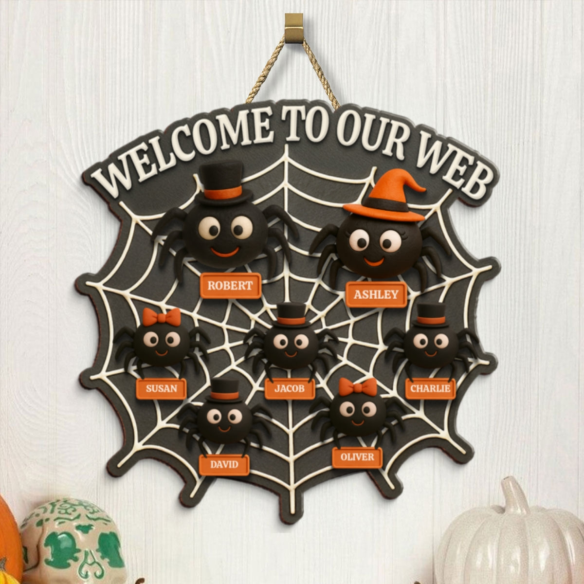 Welcome To Our Web Spiders Family 3D Effect Personalized Door Sign, Halloween Decor