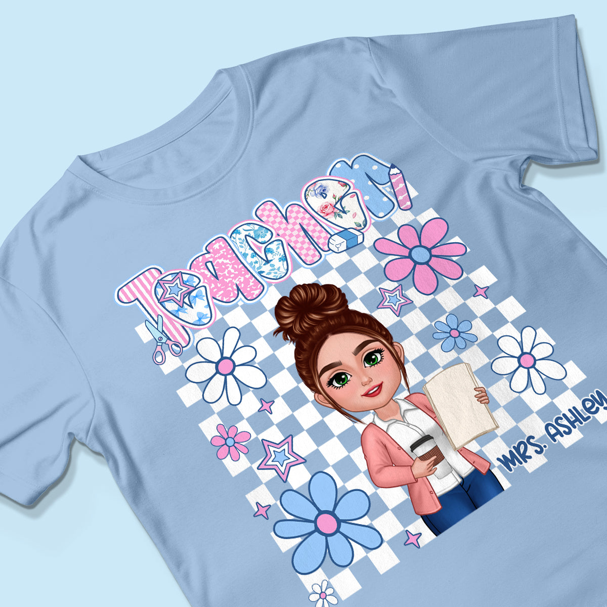 Pastel Blue And Pink Preppy Style Teacher Personalized Shirt| Back To School Gift For Teacher