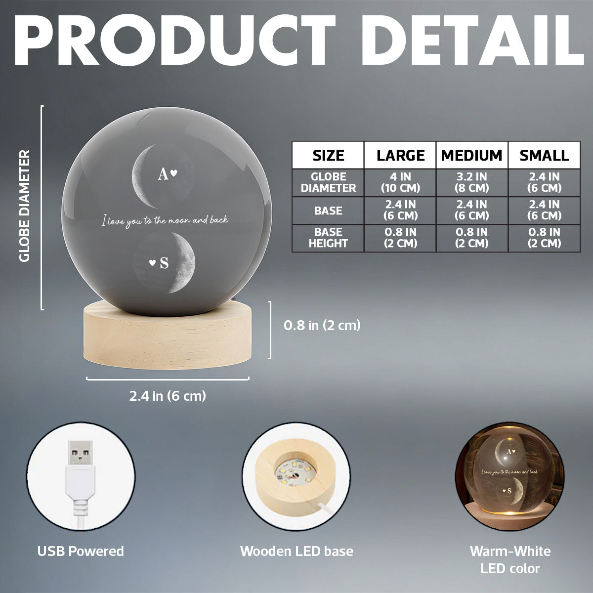 Custom Couple Moon Phase - Personalized Crystal Ball LED Night Light - Valentine's Day Gift For Couple, For Her, For Him