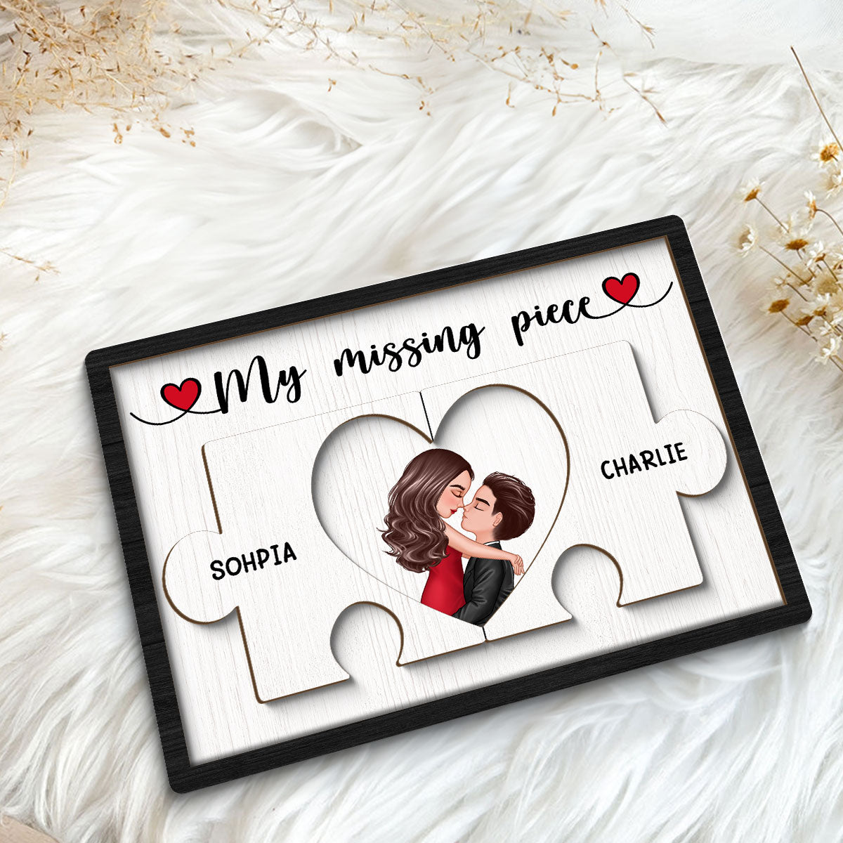 Couple Kissing Missing Piece In Puzzles Personalized 2-layer Wooden Plaque, Valentine‘s Day Gift For Him, For Her
