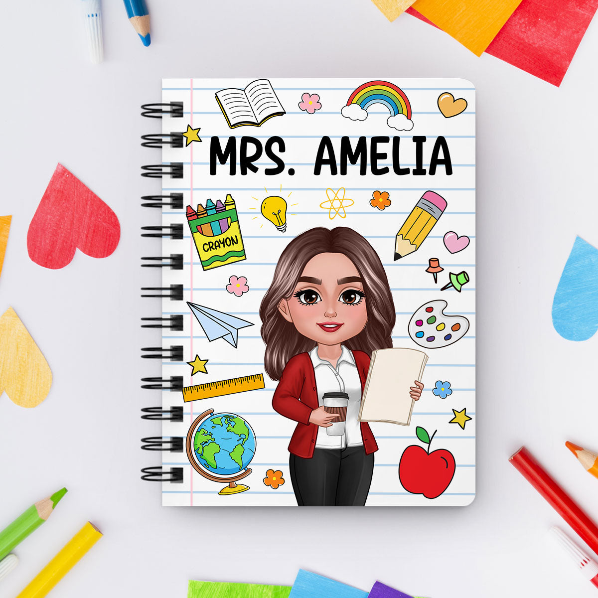 School Things Notebook Page Teacher Name Personalized Spiral Notebook Journal, Back To School Stationery