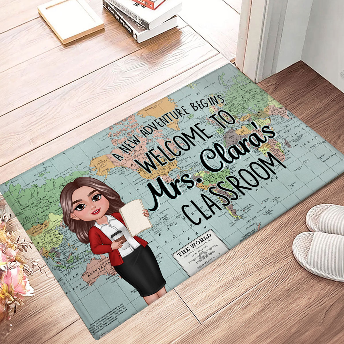 World Map Adventure Themed Welcome To Classroom Personalized Doormat, Gift For Teacher, Classroom Decor