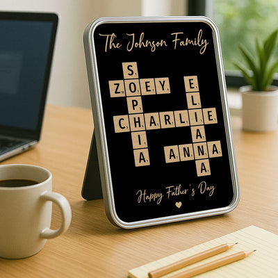 Family Names Crossword Puzzle Art Personalized Mirrored Picture Frame, Gift For Dad, Mom